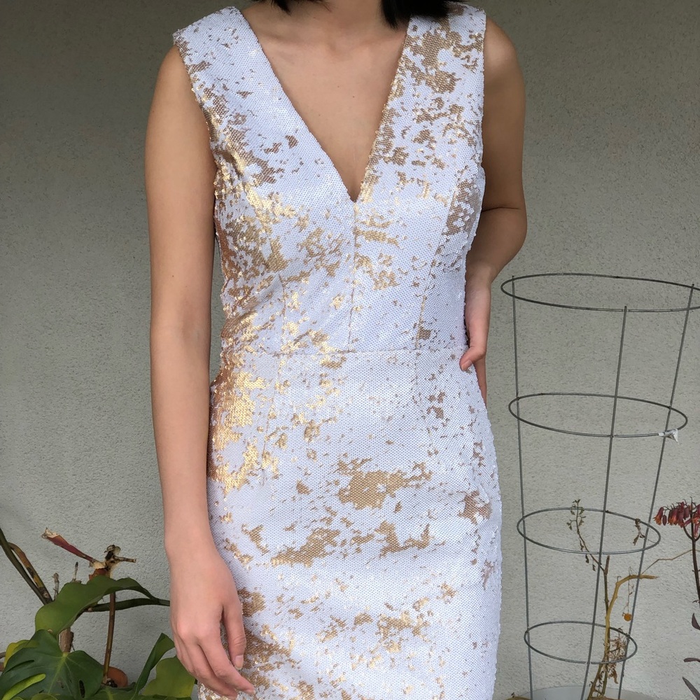 dress the population cody gold white sequin dress